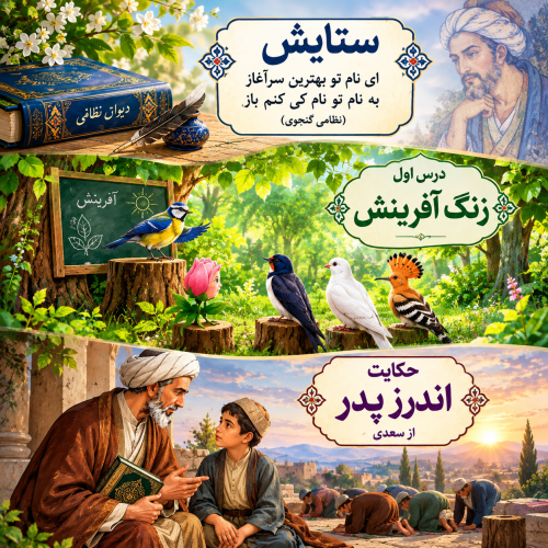 پاورپوینت درس اول فارسی هفتم | زنگ آفرینش، ستایش و حکایت اندرز پدر (قابل ویرایش)
